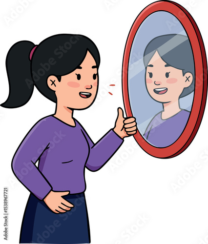 Woman Giving Thumbs Up to Reflection in Mirror Positive Self Image Vector Illustration 