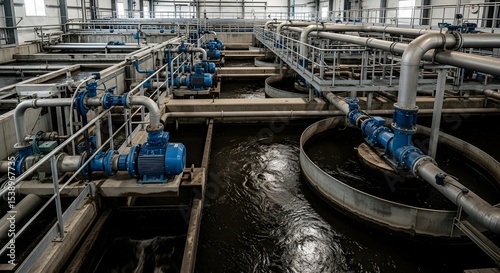 Waste water treatment plant with pipelines and pumps, processing dirty water for purification. Industrial facility for ecological and environmental concept.