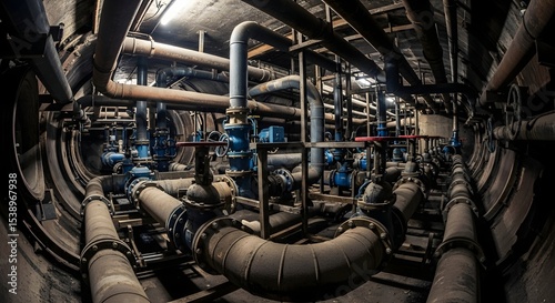 Underground labyrinth of rusty pipes and blue valves in a dark industrial power plant. Complex plumbing system for maintenance.