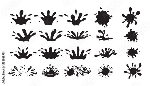 Black Water Splash and Drop Silhouette Vector Set. Liquid Icons and Wave Elements. Victor illustration eps 10