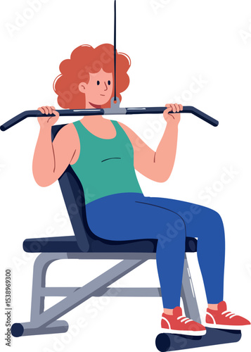 Woman exercising on lat pulldown machine in gym fitness workout session 