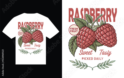 Fresh raspberry t shirt design with hand drawn illustration.