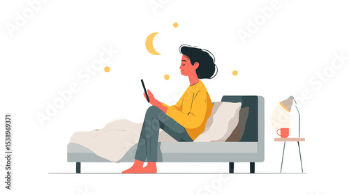 Woman on bed using tablet at night with moon and stars healthy lifestyle