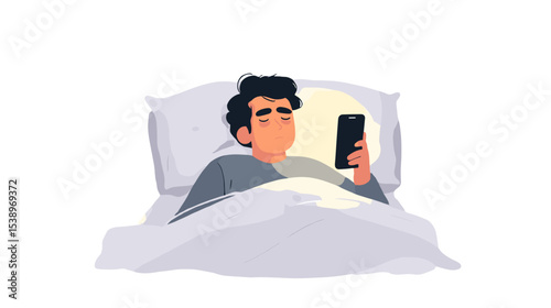 Man using smartphone while lying in bed with tired face healthy lifestyle