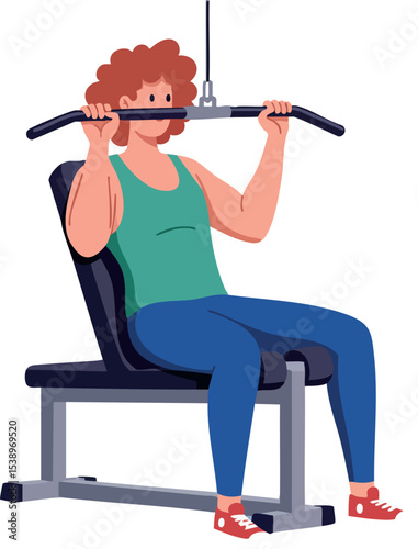 Woman exercising with lat pulldown machine in gym workout session vector illustration 