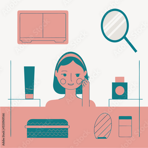 Woman applying skincare routine vector illustration for beauty branding