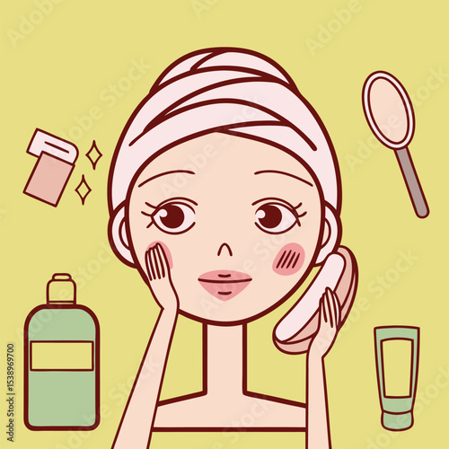 Woman performing skincare routine with products vector illustration