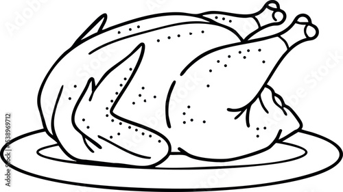 Roasted whole chicken on plate black and white line drawing vector illustration 