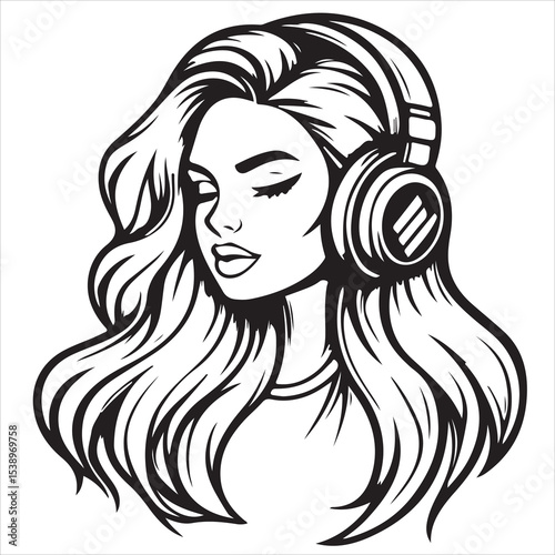Stylish Woman Silhouette Wearing Headphones – Elegant Female Vector Illustration Listening to Music, Ideal for Podcast Cover, DJ Event Poster, Music App UI, Audio Streaming, Modern Sound Design & Ente