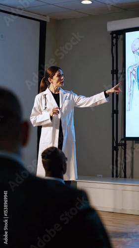 Dynamic medical presentation by female doctor engaging audience with visuals