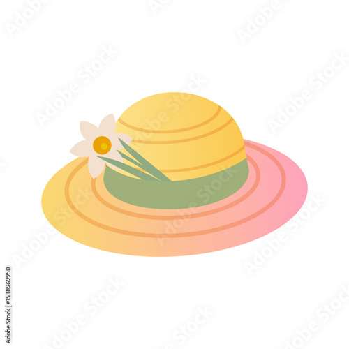 Vector Illustration of a Straw Summer Hat with Ribbon and Flower Decoration