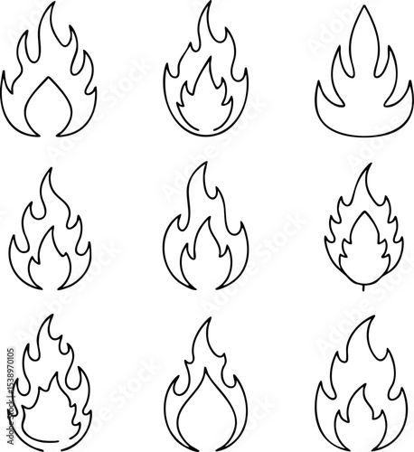 Fire flame icon set vector outline simple black line art design collection 