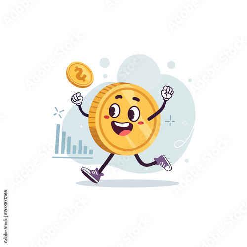 Cheerful Coin: A joyful animated gold coin bounces through a minimalist illustration, embodies happiness, financial prosperity and investment return. 