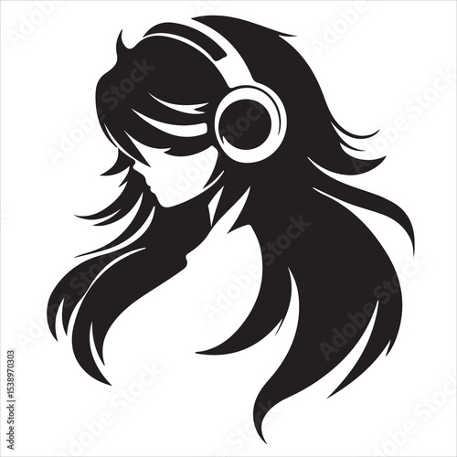 Stylish Woman Silhouette Wearing Headphones – Elegant Female Vector Illustration Listening to Music, Ideal for Podcast Cover, DJ Event Poster, Music App UI, Audio Streaming, Modern Sound Design & Ente