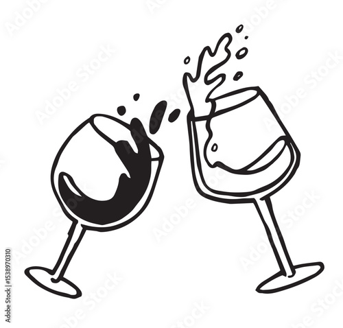 Glasses with white and red wine. Vector illustration in doodle style