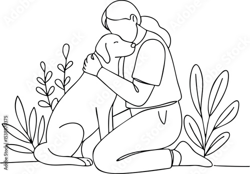 Woman hugging dog tenderly in nature line art pet care vector illustration 