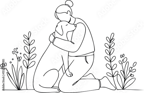 Woman hugging dog with plants around in simple line art style vector illustration 
