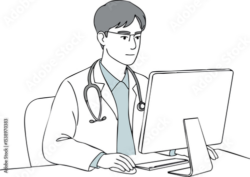 Male doctor working on computer with stethoscope in office vector illustration 