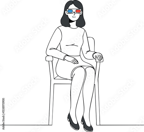 Woman Sitting Wearing 3D Glasses Watching Movie Entertainment Vector Illustration 