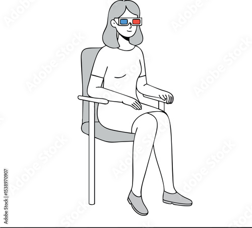 Woman sitting in chair wearing 3D glasses watching movie entertainment vector 