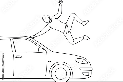 Man Falling from Car Roof Outline Vector Illustration in Continuous Line Art Style 