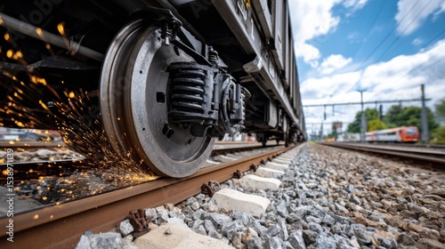 Train wheel creating sparks on the railway, another train passes by in the background.