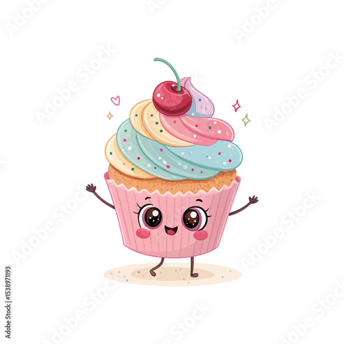 Kawaii Cupcake Joy: A delightful cartoon illustration featuring a whimsical cupcake character with cherry top, embodying sweetness and joy in a vibrant, charming style.