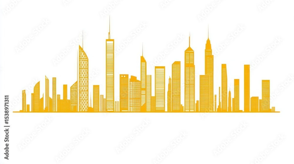 Fototapeta premium A golden stylized skyline with tall buildings on a bright white, stark background