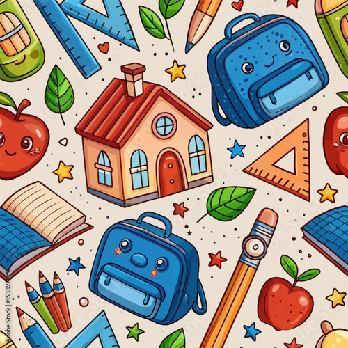 Cheerful school themed seamless pattern with backpacks apples houses and drawing tools for education design