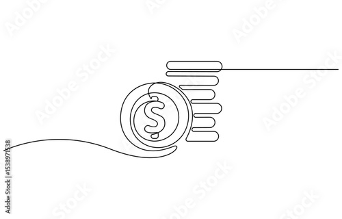 Stacks of coins in one continuous line drawing. Coins money symbol of financial success and investment business. Coins money in simple linear style, Money saving concept continuous line.
