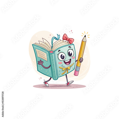 Educational Adventure: A cheerful book character with a vibrant pencil, ready to explore the world of learning and discovery.
