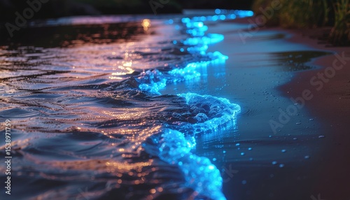 Glow of Bioluminescent Waves at Night on Tranquil Beach Shoreline with Reflective Water Surface
