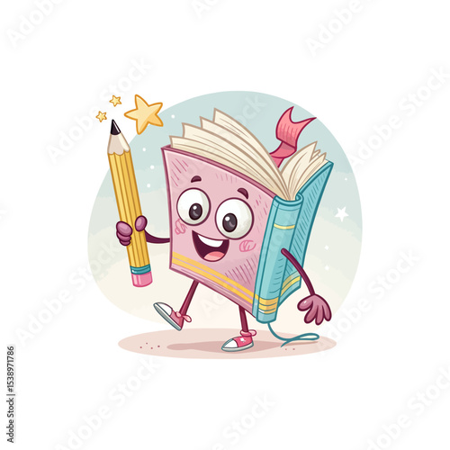 Literary Companion: A whimsical illustration of an open book character, joyfully holding a pencil, surrounded by stars, embodying the magic of reading and learning.