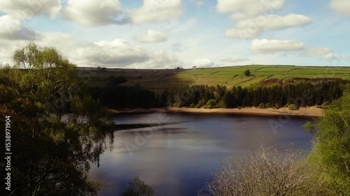 Trees and farmland surround lake in Peak District National Park blue sky