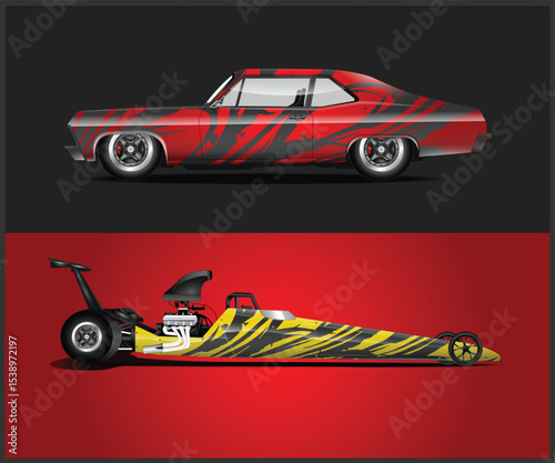 Classic Muscle Car and Funny Car with Abstract Design