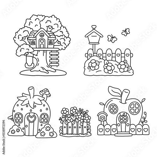 Set of houses and garden for kids coloring page line art vector illustration on Isolated background