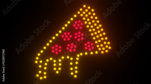 Flashing Neon Dot Pizza Slice on Black Background