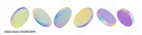 3D hologram coin icons floating with holographic glass effect. Chrome metal badge and crystal sphere shine in neon light. Round currency disc glows with gradient on white background.