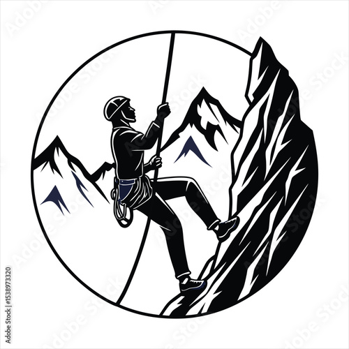 A vector black mountain climber silhouette illustration,white background.
