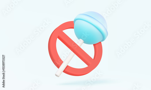 Red forbidden Stop lollipop glassy cute warning food kids sugar sweet flavor not good for health candy treat childhood birthday holiday summer concept. 3d vector illustration. Element cartoon design