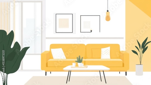 Cozy interior shows a yellow sofa, table, and plant accents against a bright background