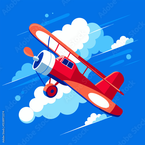 Stylized Red Biplane Illustration with White Clouds and Blue Sky Background