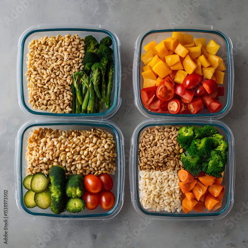 Overhead photo of healthy meal prep containers filled with colorful vegetables and grains, arranged neatly on kitchen countertop.