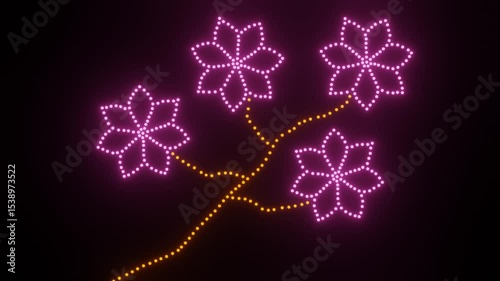 Flashing Neon Dot Flowers with Branches on Black