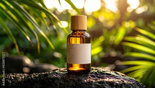 Herbal massage oil bottle with bamboo cap and engraved Balinese label, displayed on volcanic rock with palm leaves