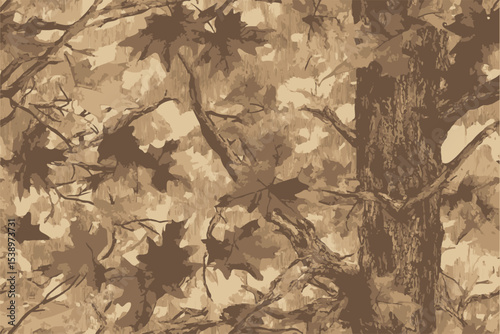  A camouflage pattern made of brown and green leaves on the branches, in an illustration style with a flat background.Real tree forest camouflage seamless pattern design pattern for hunting.