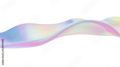 3D abstract wave liquid background with glass ribbon fluid and blue shapes. Holographic gradient for iridescent flow texture and light effect. Futuristic motion curves with geometric element.