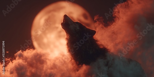 Howling Wolf Silhouette Against Blood Moon Nighttime Wildlife Photography