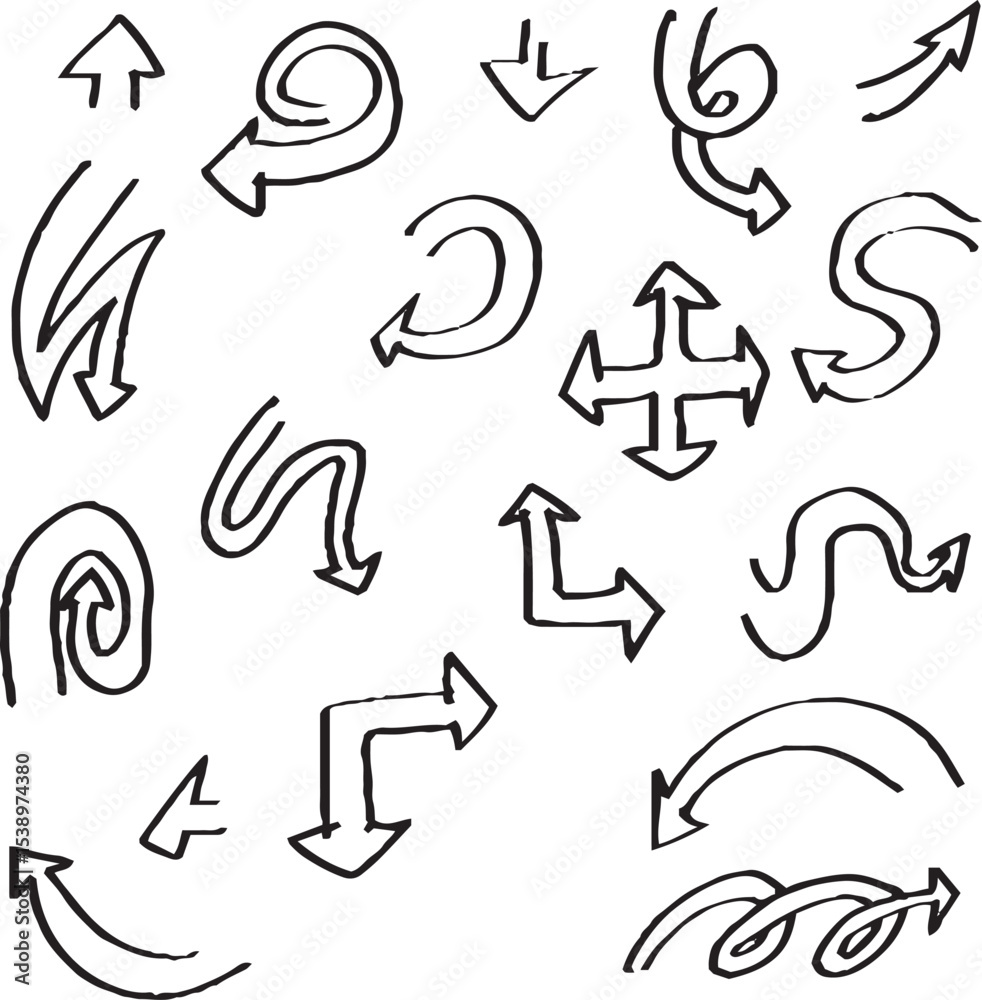 Hand-drawn arrow icon set. A collection of curved Hand-drawn arrow icon set. A collection of curved