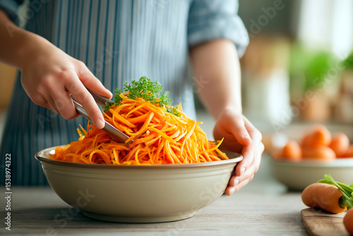 Person preparing a fresh julienned carrot salad with herbs in a ceramic bowl using kitchen tongs in a cozy home kitchen